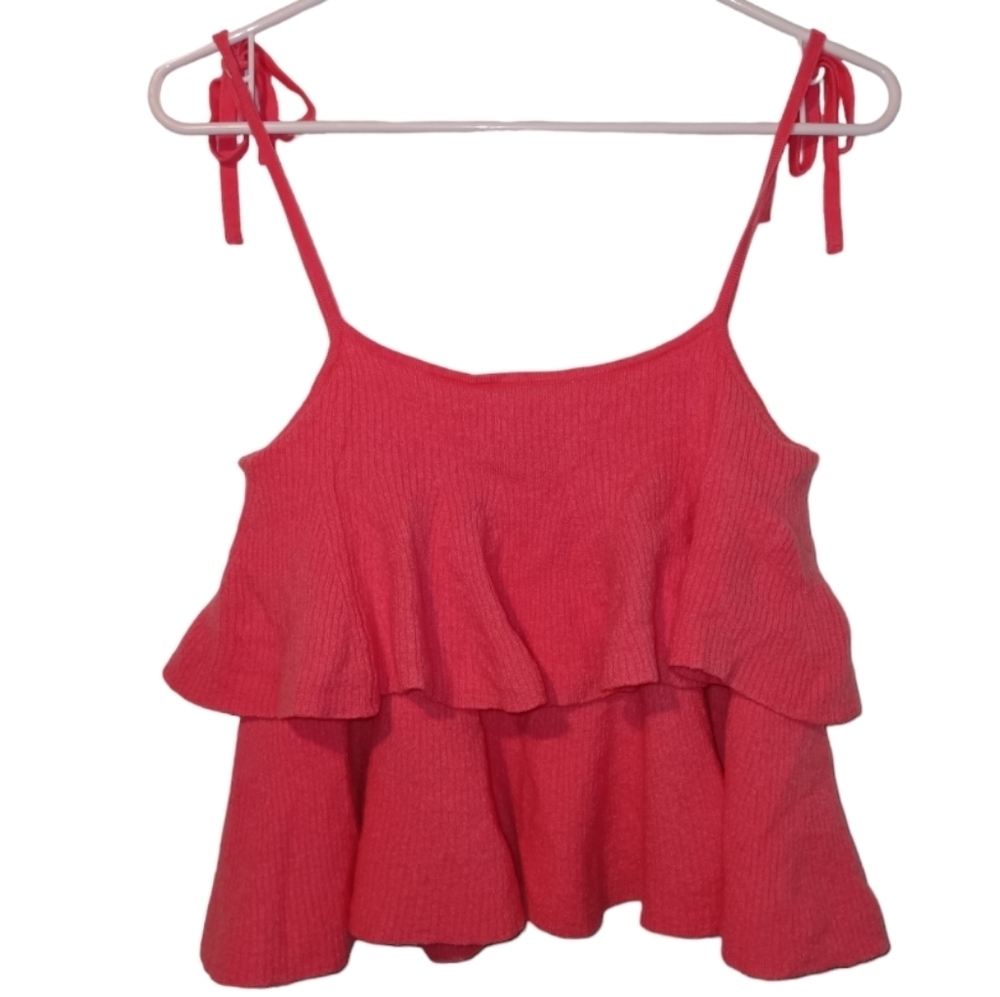 J Crew Merino Wool Tiered Ruffle Tank Top with Tie Shoulder Straps Pink Size S - Picture 3 of 9